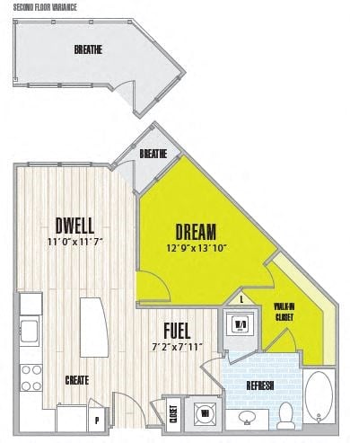 Floor plan for 1 bed, 1 bath, 656 sqft